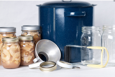 Canning supplies: stock pot, mason jars, canning funnel