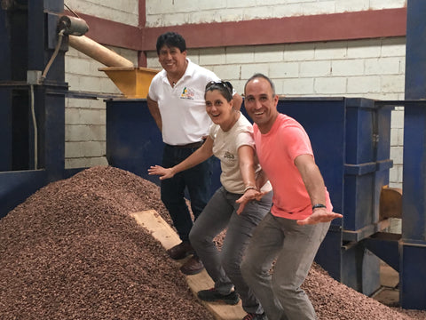 OKO Caribe's Gualberto Acebey, PISA's Aline Etlicher and Taza Chocolate's Alex Whitmore at OKO's warehouse