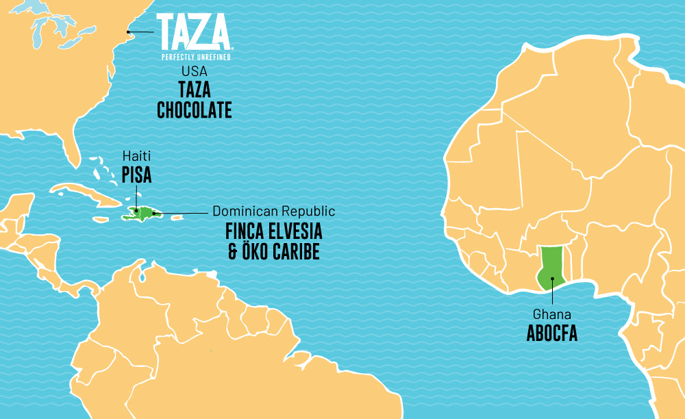 Map of Taza Chocolate grower partners in Dominican Republic, Haiti, and Ghana