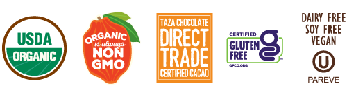 Taza Chocolate Certifications: USDA Organic, Direct Trade, Certified Gluten Free, Non-GMO, Dairy Free, Soy Free, Vegan, Kosher