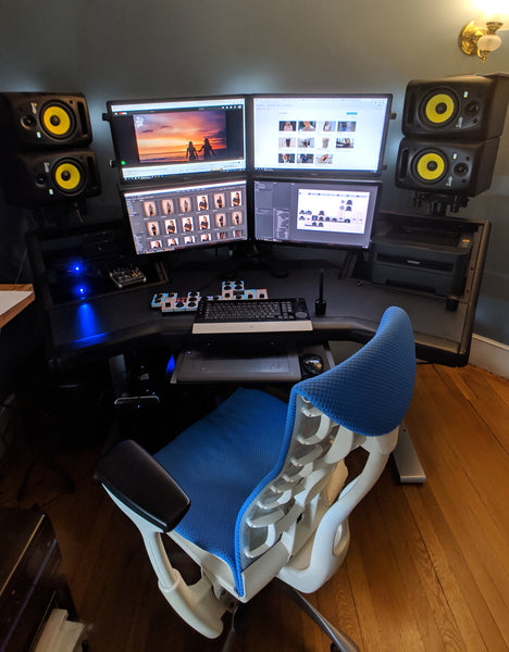 New York based photographer, Dani Diamond's, workstation setup with chair, 4 monitors, Wacom tablet, and Palette Gear's tactile, precision controls