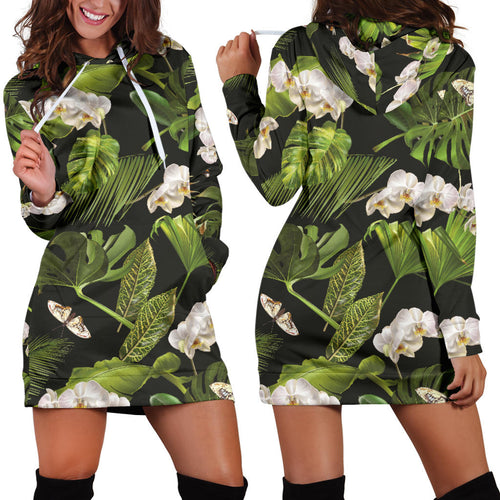 White Orchid Flower Tropical Leaves Pattern Blackground Women'S Hoodie Dress