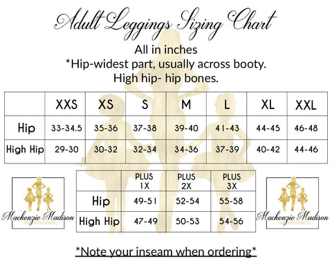 Women's Size Chart for Leggings and Skirts