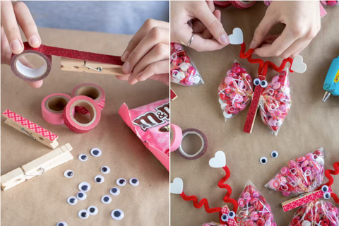 Turn clothespins into candy butterflies with washi tape and googly eyes by the Crazy Coupon Lady