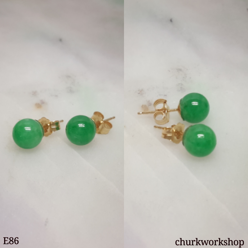 14K yellow gold green jade bead ear studs – Churk Work Shop