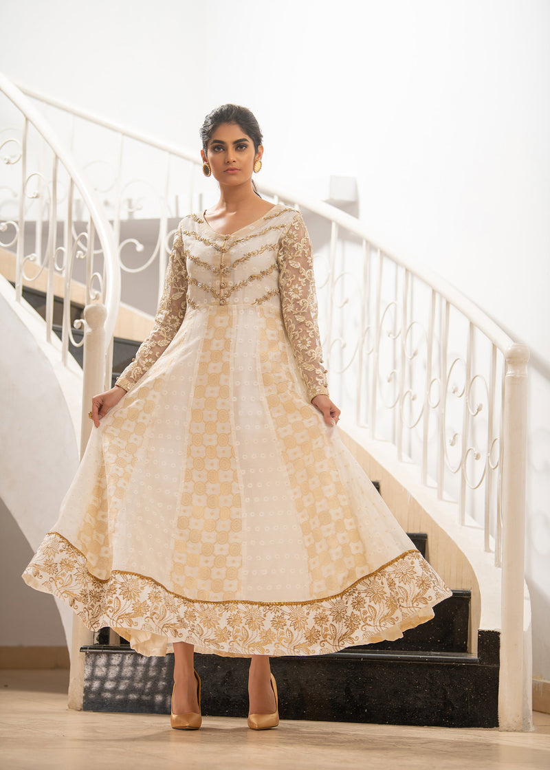 white and gold anarkali dress