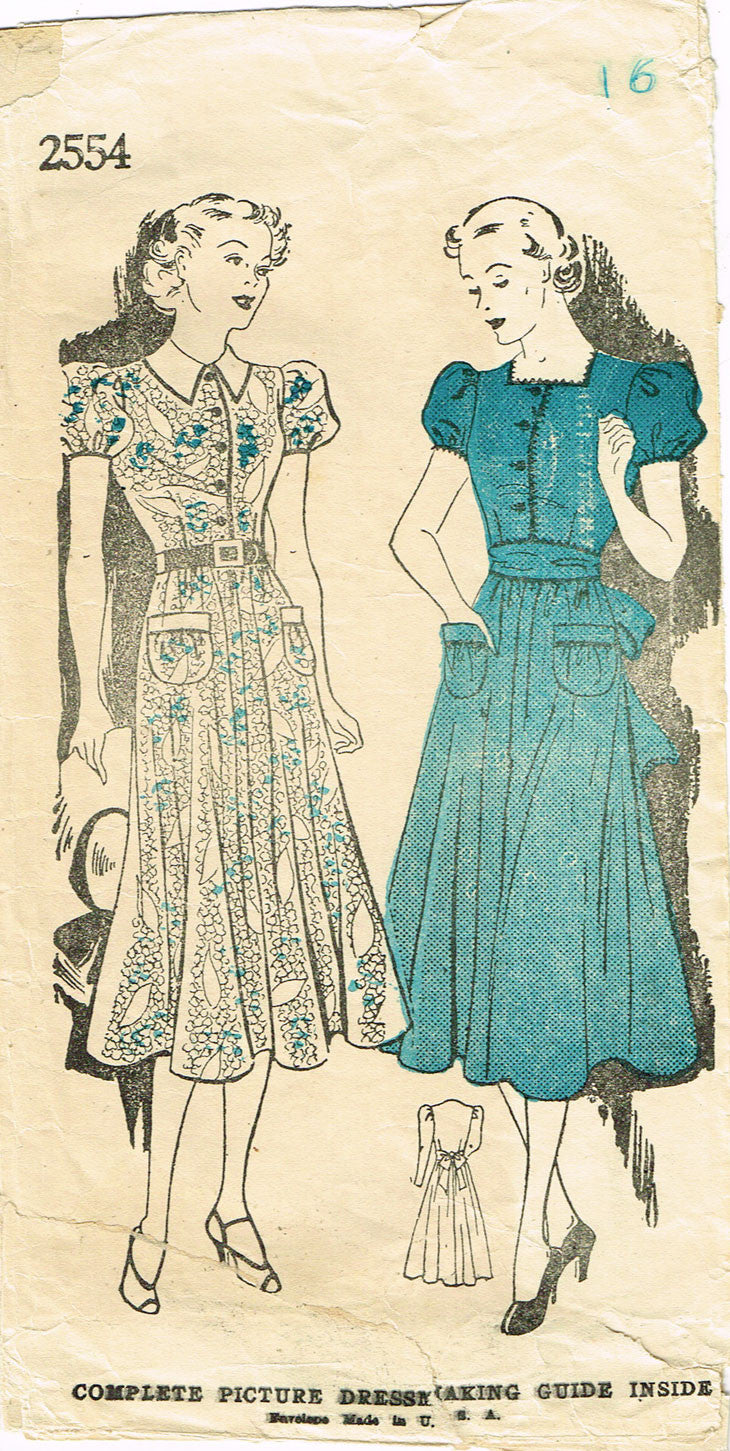 1930s Vintage Mail Order Sewing Pattern 2554 Misses Shirtwaist Dress S ...