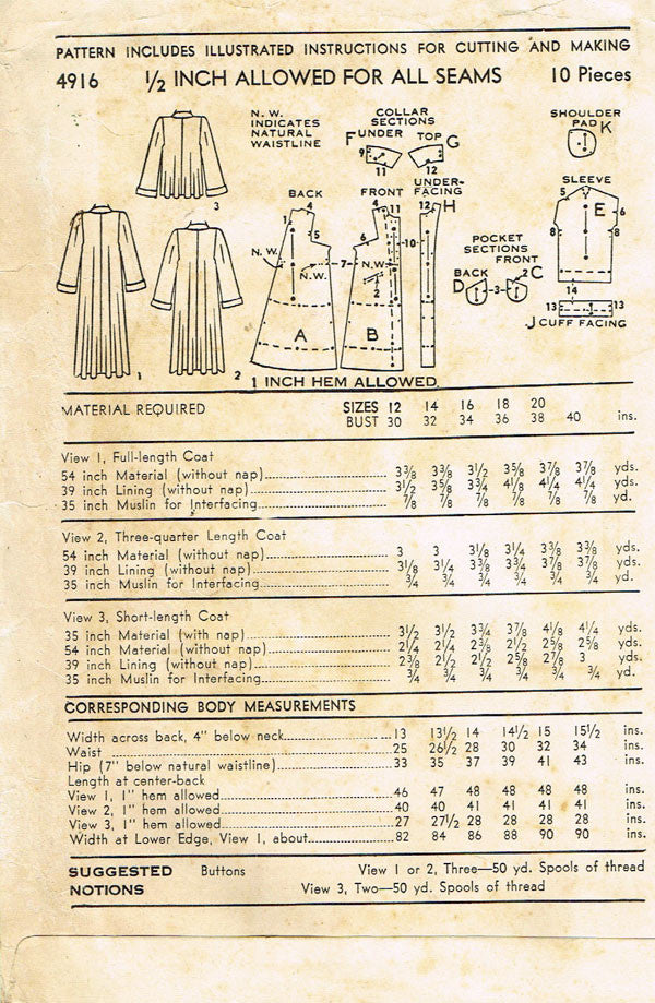 1940s Vintage Advance Sewing Pattern 4916 Plus Size Swingback Coat Siz ...