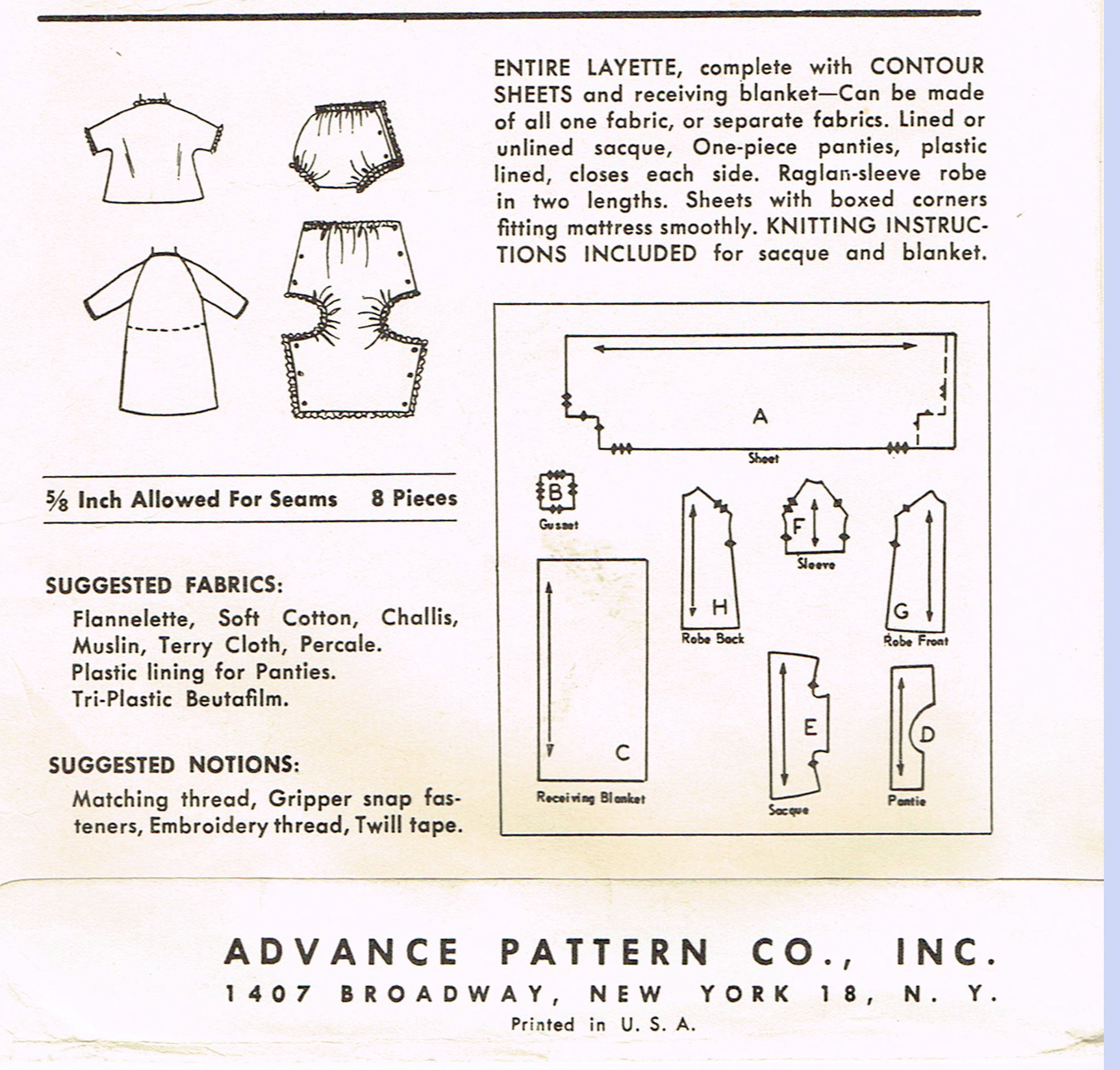 1950s Vintage Advance Sewing Pattern 8218 Infant Layette Set W