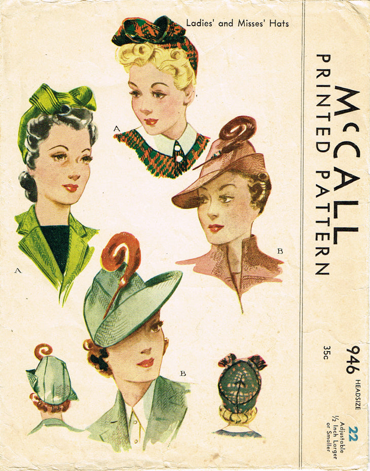 1940s Rare Vintage McCall Sewing Pattern 946 WWII Misses Hat Set ...
