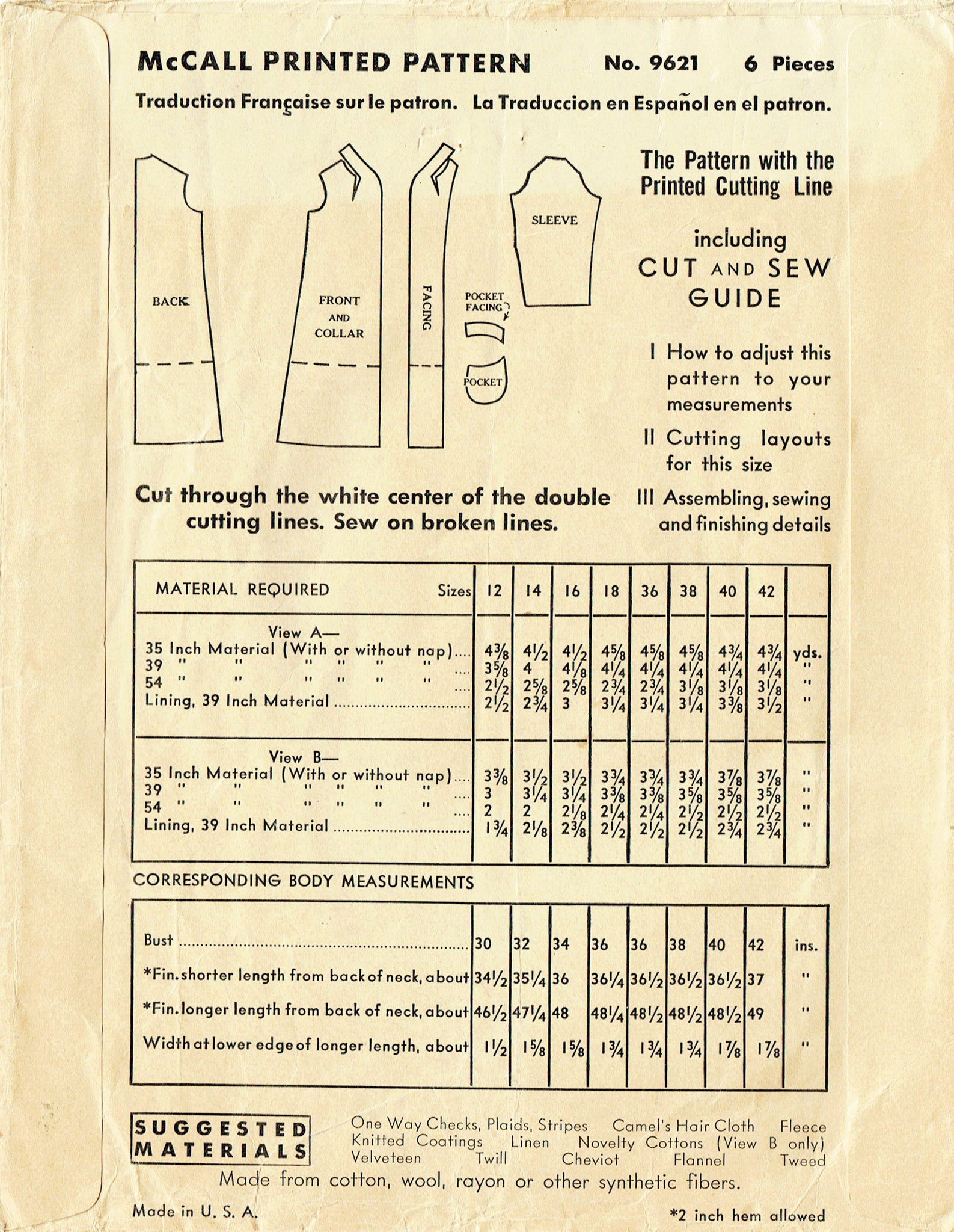 McCall Pattern 9621: 1930s Misses Long Lean Coat 34 B Vintage Pattern ...