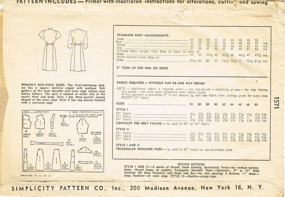 Simplicity 1571: 1940s Misses Dress Size 36 B Vintage Sewing Pattern ...