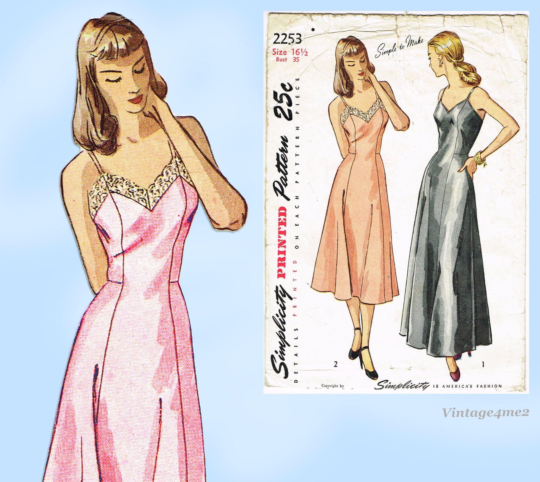 Simplicity 2253 1940s Simple Misses Slip Size 35 Bust Vintage Sewing Vintage4me2 