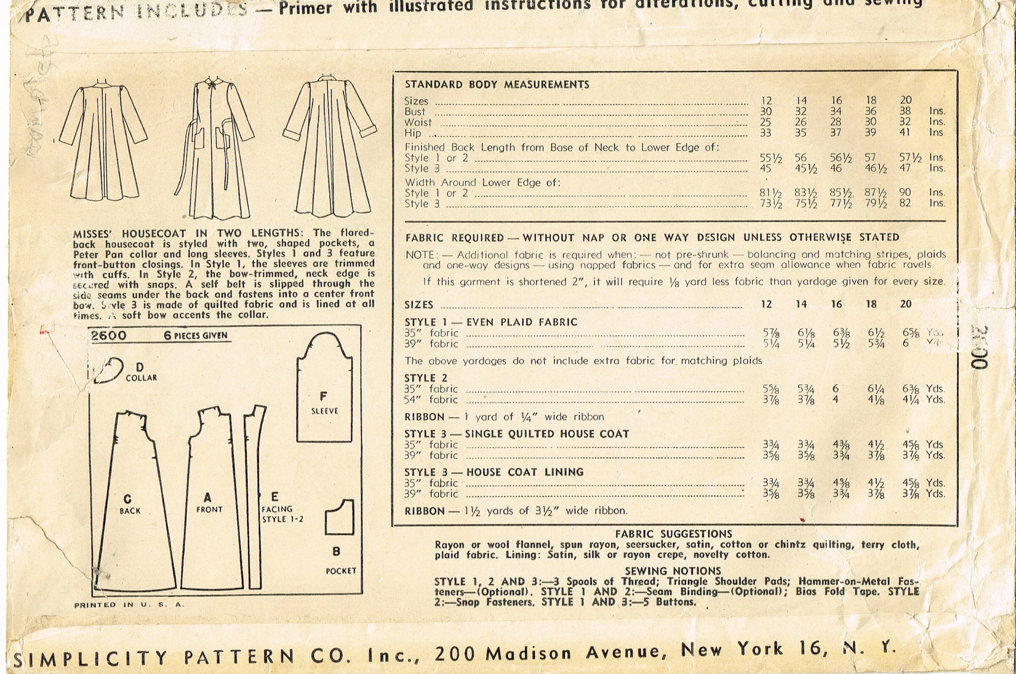 Simplicity 2600: 1940s Misses Flared Housecoat Sz 32 B Vintage Sewing ...