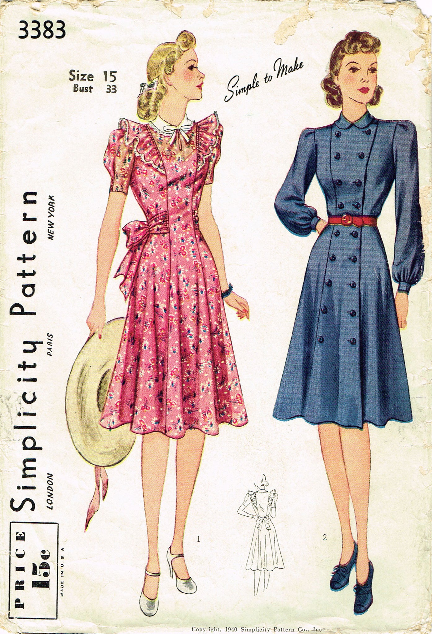 1940s Vintage Simplicity Sewing Pattern 3383 Easy Misses WWII Dress 14 ...