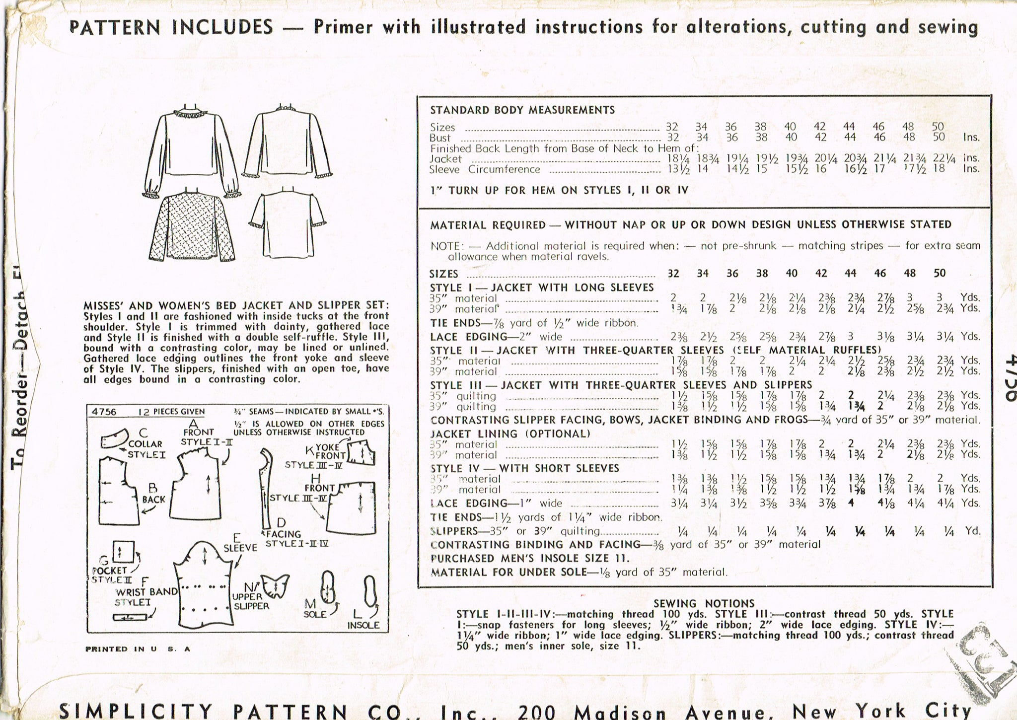 Simplicity 4756: 1940s Misses Bedjacket & Slippers 40B Sewing Pattern ...