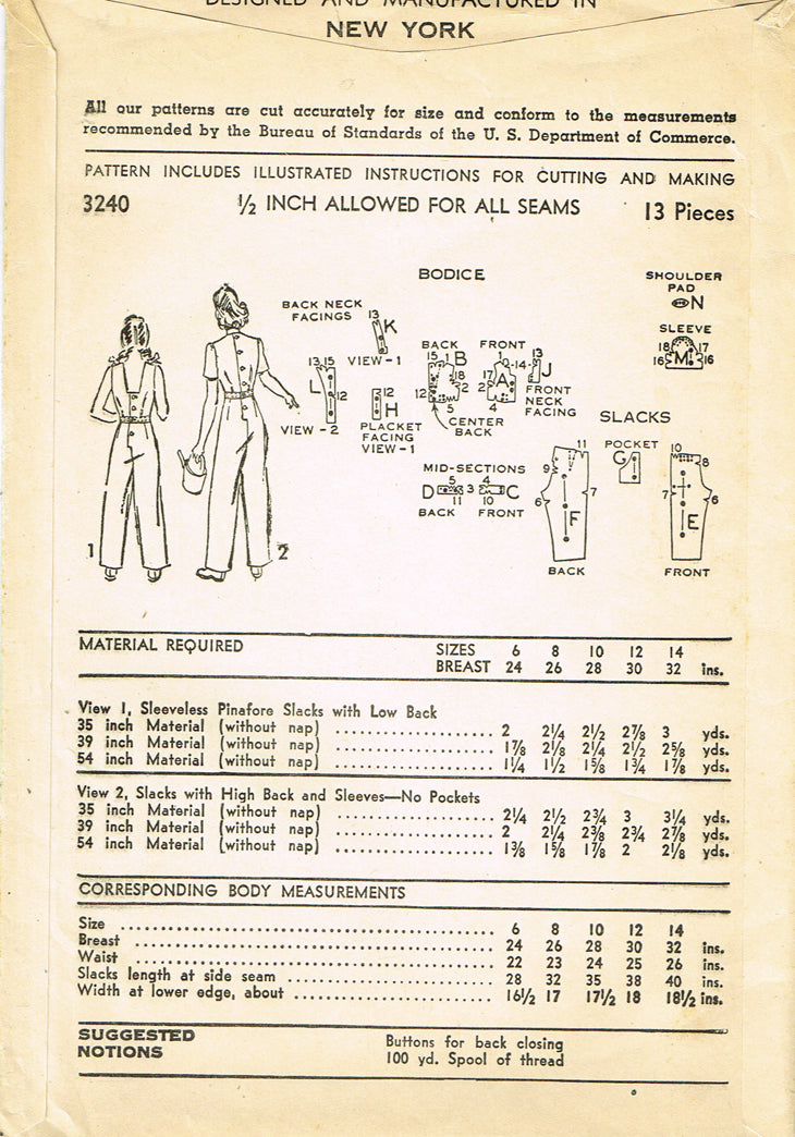 1940s Original Vintage Advance Pattern 3240 Uncut Girls Overalls Sz 6 ...