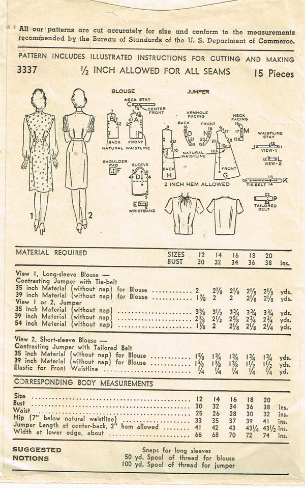 1940s Vintage Advance Sewing Pattern 3337 WWII Misses Jumper Dress Sz ...