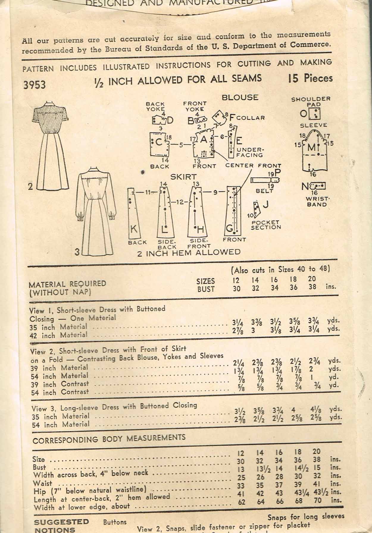 1940s Vintage Advance Sewing Pattern 3953 Uncut WWII Misses Dress Size ...