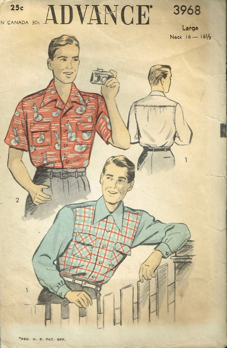 1940s Vintage Advance Sewing Pattern 3968 WWII Men's Casual Shirt Size ...