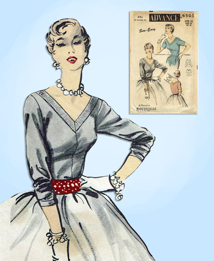 1950s Vintage Advance Sewing Pattern 6505 Sew Easy Misses Blouse 32 B ...