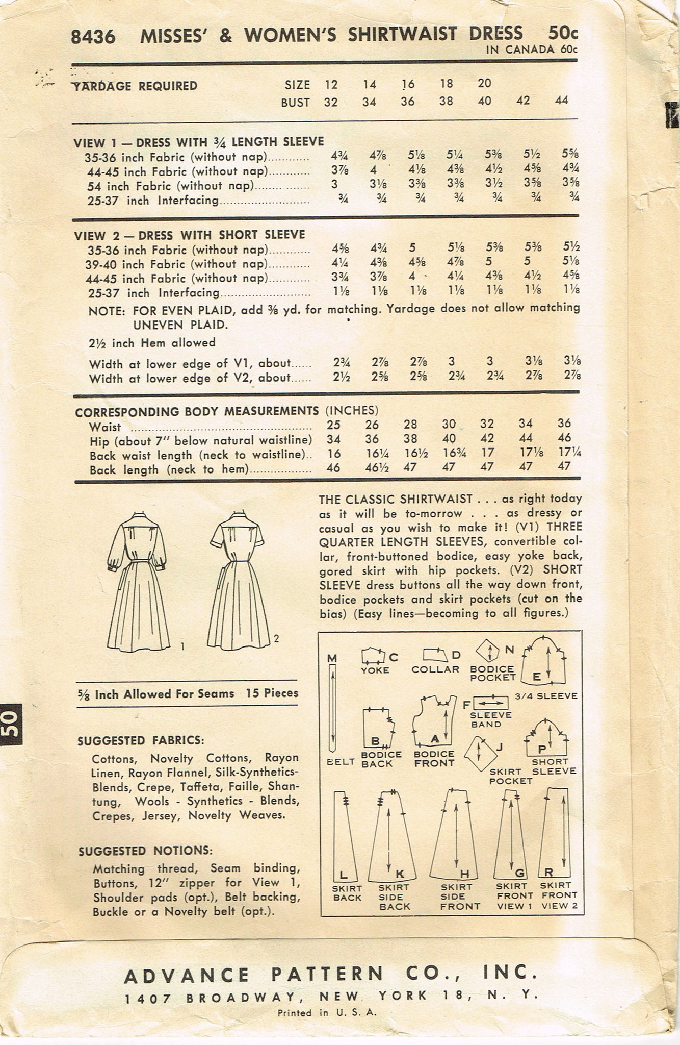 Advance 8436: 1950s Uncut Plus Size Shirtwaist Dress Vintage Pattern ...