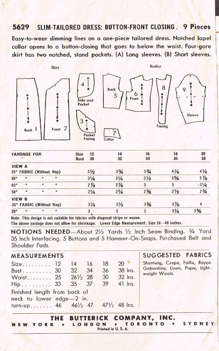 1950s Vintage Butterick Sewing Pattern 5629 Misses Slender Day Dress S ...