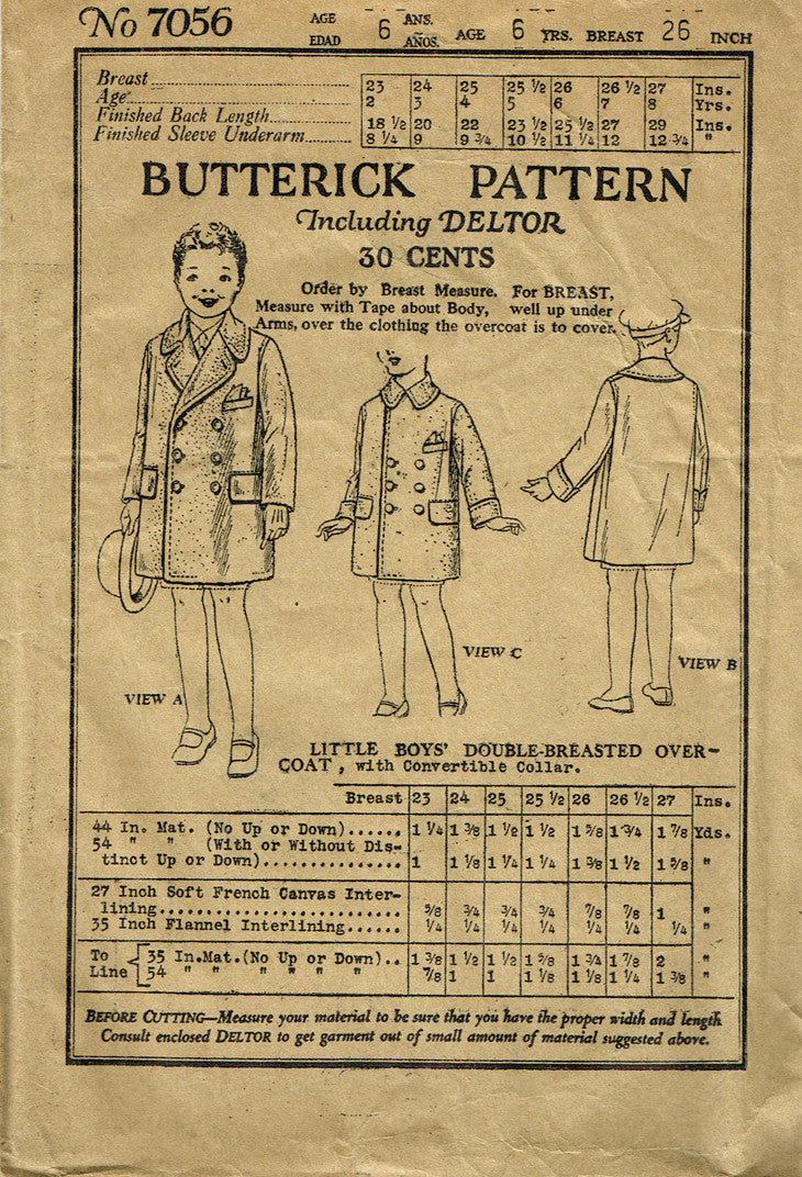 1920s Vintage Butterick Sewing Pattern 7056 FF Toddler Boys Over Coat ...
