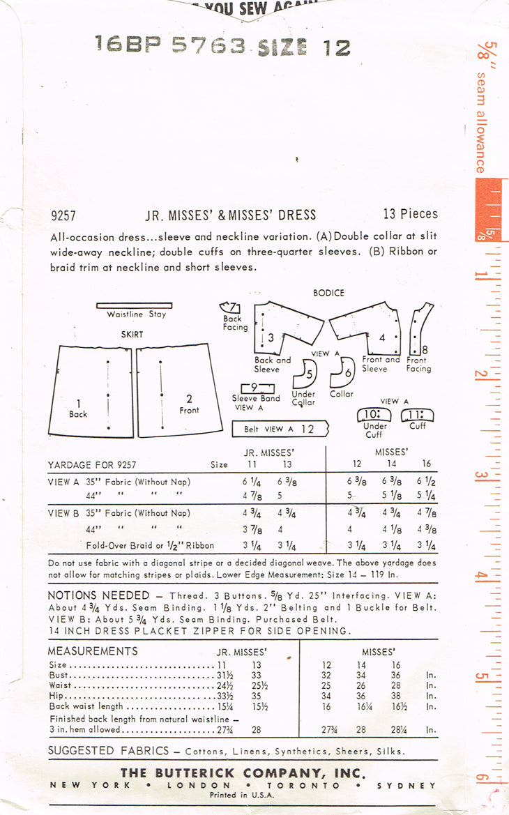 1960s Original Vintage Butterick Pattern 9257 Misses Day Dress Sz 32 B ...