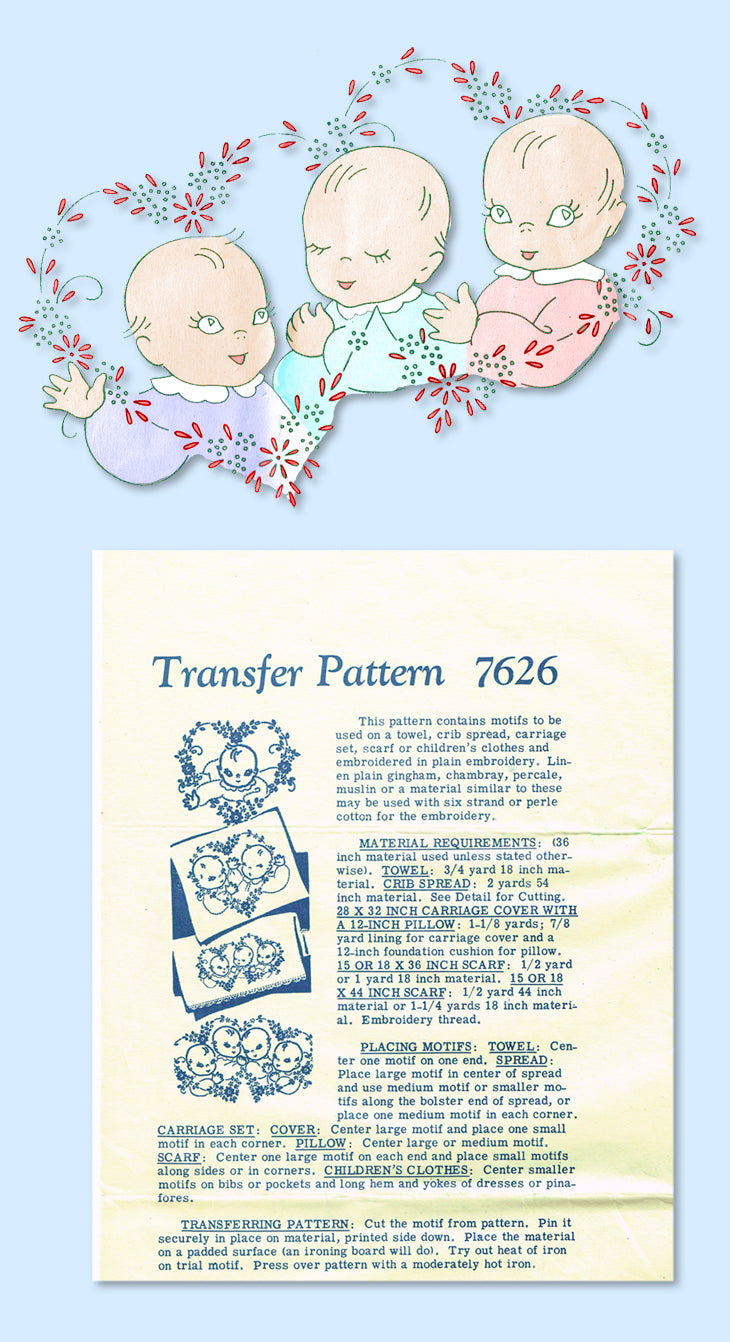 1950s Design Embroidery Transfer 7626 Uncut Baby Angel Face Crib