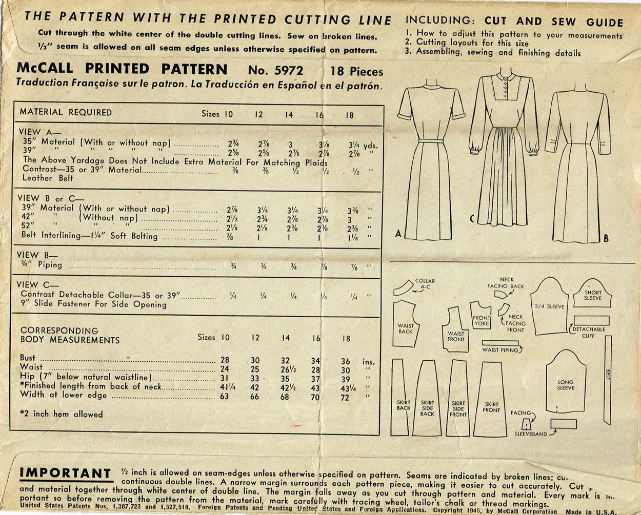 1940s Vintage McCall Sewing Pattern 5972 Misses WWII Day Dress Size 18 ...