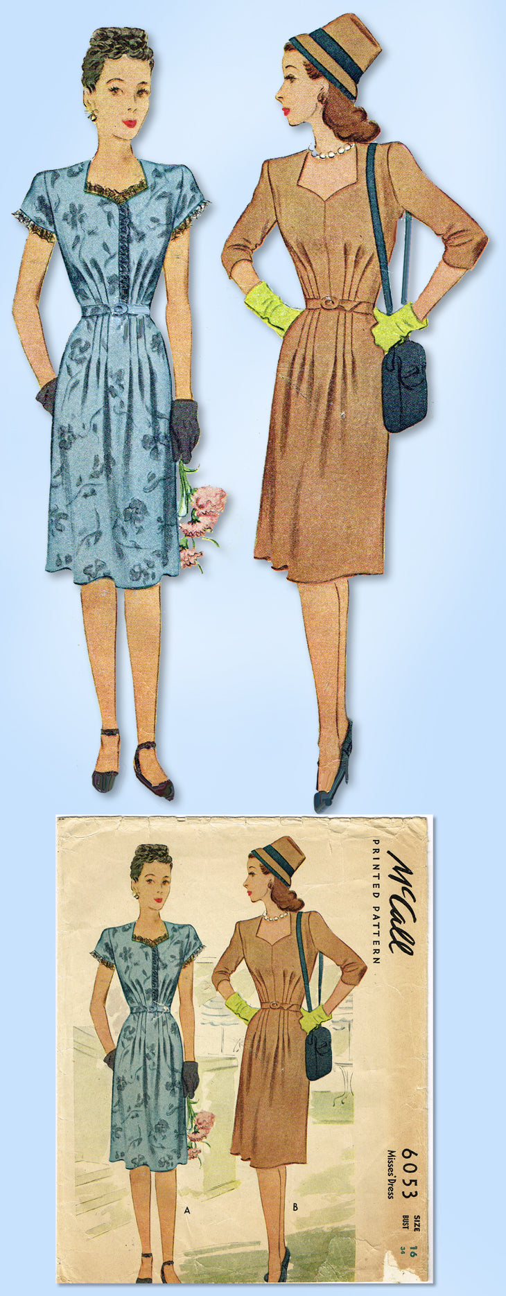 1940s Vintage Mccall Sewing Pattern 6053 Misses Wwii Afternoon Dress Vintage4me2 