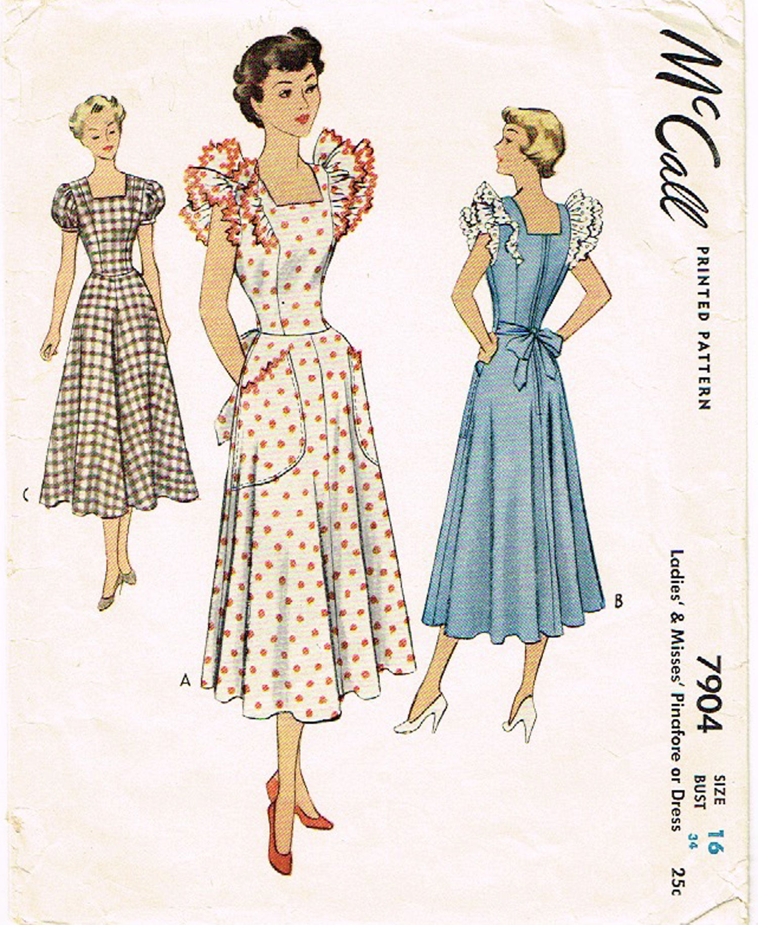 1940s Vintage McCall Sewing Pattern 7904 Misses Pinafore Dress Sz 34 B ...