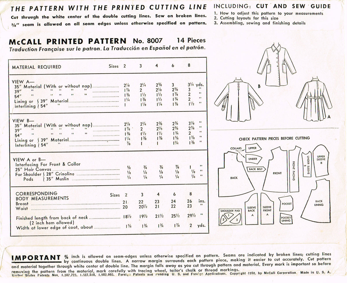 1950s Vintage McCalls Sewing Pattern 8007 Cute Toddler Girls Coat Sz 4 ...