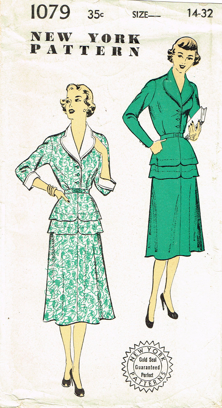 1940s Vintage New York Sewing Pattern 1079 Uncut Misses Double Peplum ...