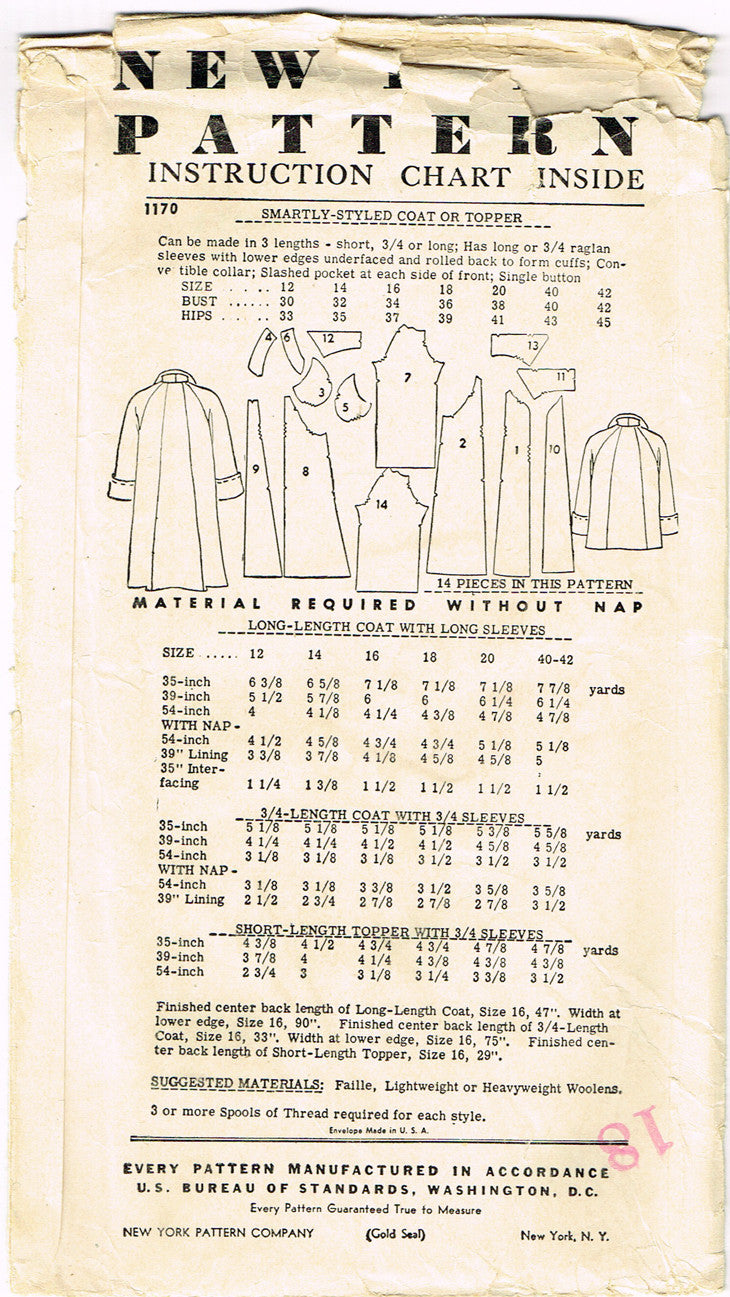 1950s Vintage New York Sewing Pattern 1170 Uncut Misses Swagger Coat ...