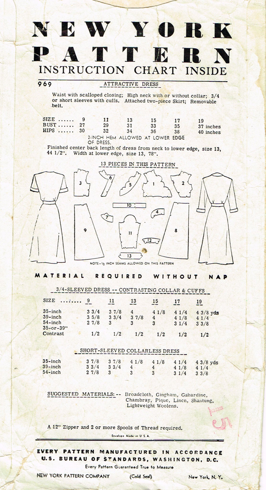 New York 969: 1950s Misses Uncut Dress Sz 31 B Vintage Sewing Pattern ...