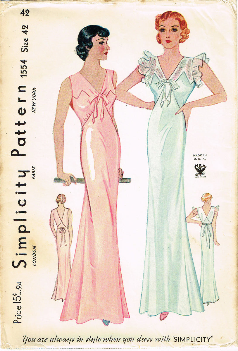 Simplicity 1554: 1930s Uncut Plus Size Bias Nightgown 42B Vintage Sewi ...