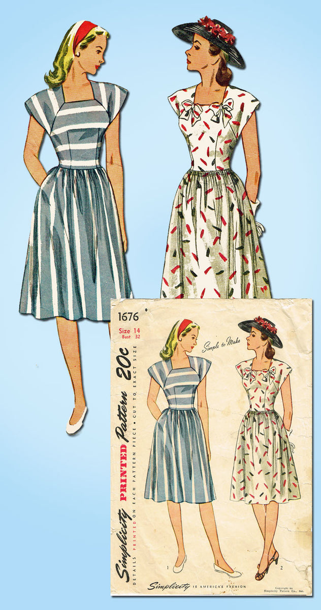 1940s Vintage Simplicity Sewing Pattern 1676 Easy Misses Summer Dress ...