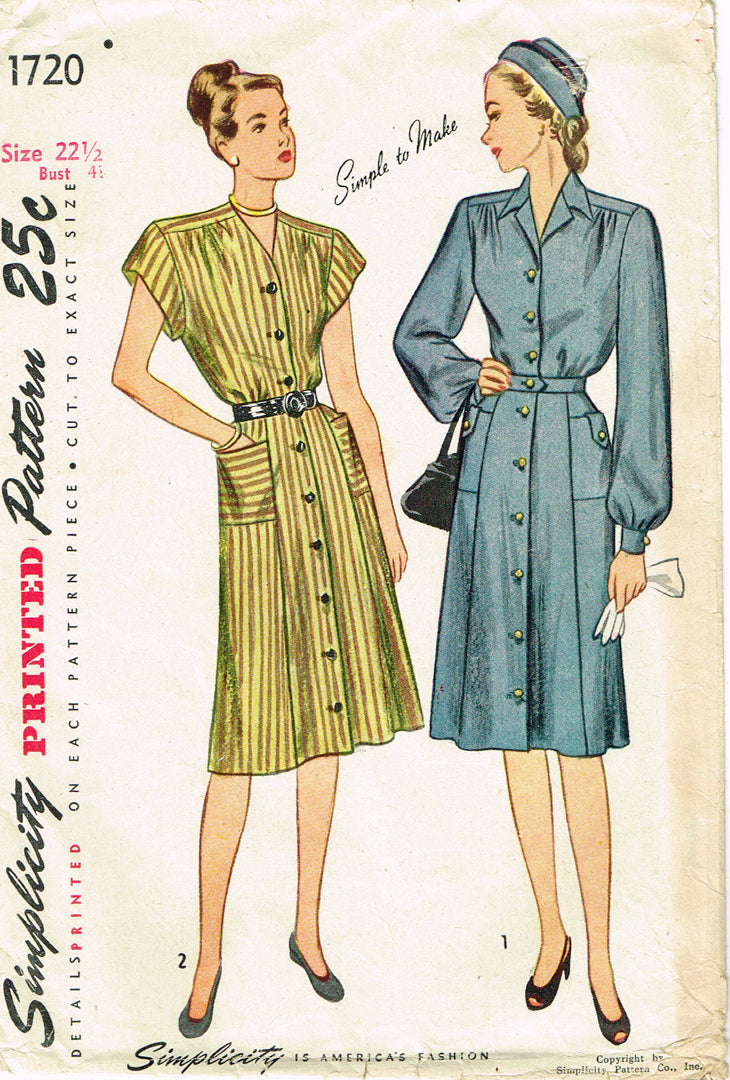1940s Original Vintage Simplicity Pattern 1720 Plus Size Dress Sz 41 B ...