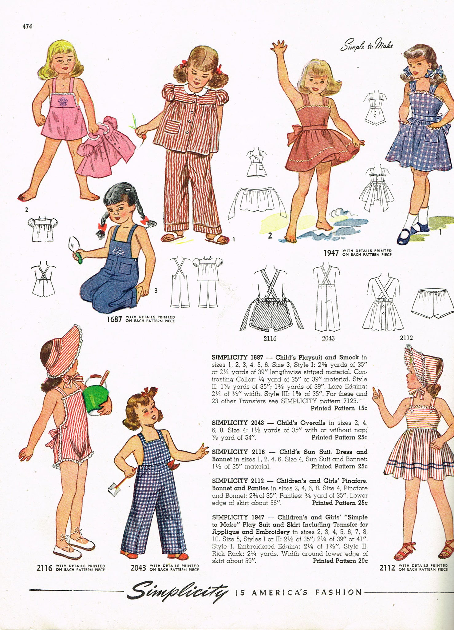 1940s Vintage Simplicity Sewing Pattern 2043 Toddler Girls Overalls 2 ...