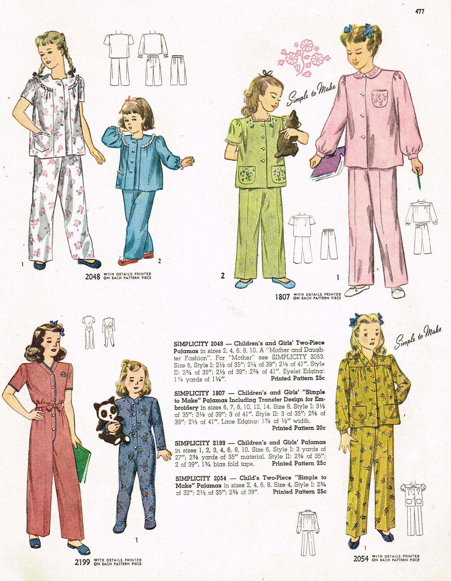 1940s Vintage Simplicity Sewing Pattern 2048 Toddler Girls Pajamas Sz4 ...