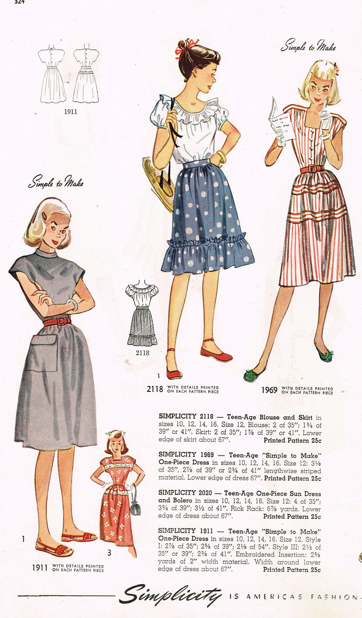 1940s Vintage Simplicity Sewing Pattern 2118 WWII Teen Skirt & Blouse ...