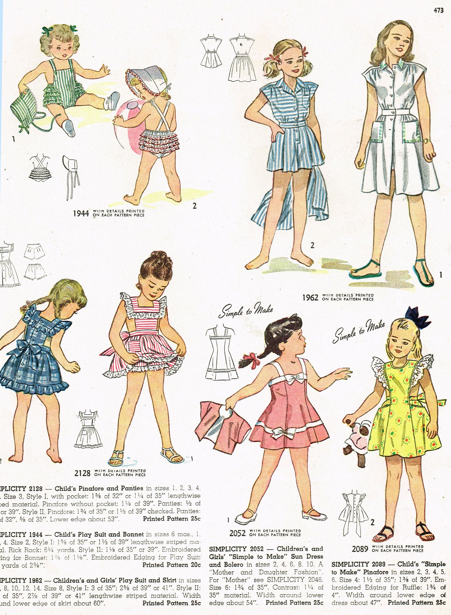 1940s Vintage Simplicity Sewing Pattern 2128 Toddler Girls Sun Dress 6 ...