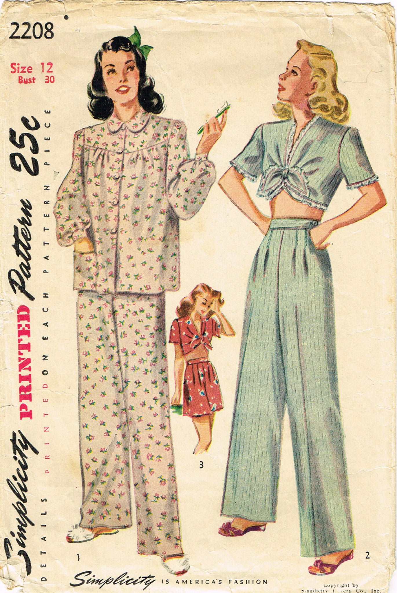 1940s Vintage Simplicity Sewing Pattern 2208 Misses Two Piece Pajamas ...