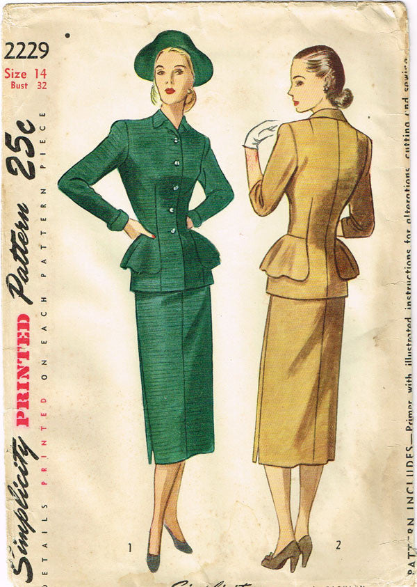 1940s Vintage Misses' Peplum Suit 1947 Simplicity Sewing Pattern 2229 ...