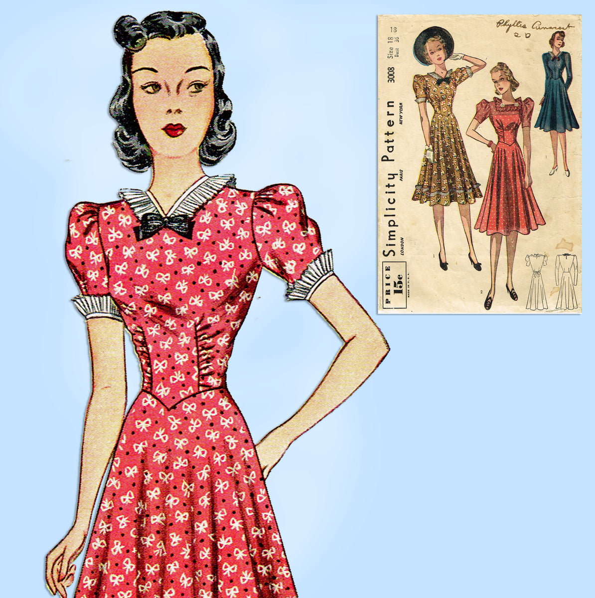 1930s Simplicity Sewing Pattern 3008 Misses Dress Basque Waist Sz 35 B ...