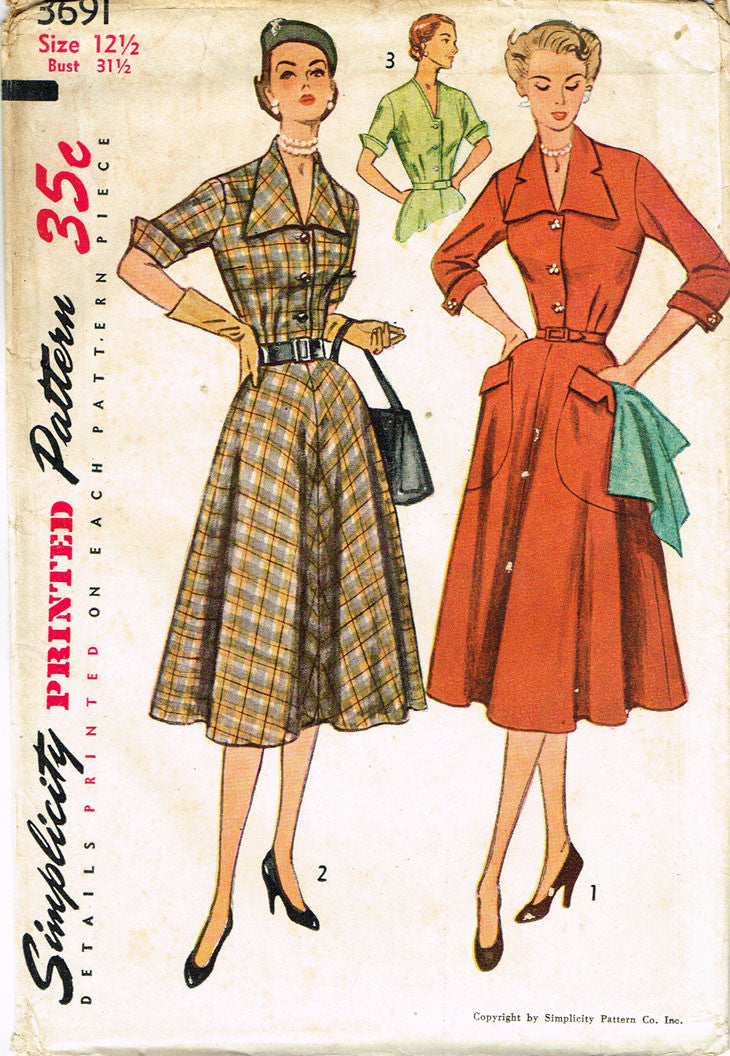 1950s Vintage Simplicity Sewing Pattern 3691 Uncut Misses Dress 31.5B ...