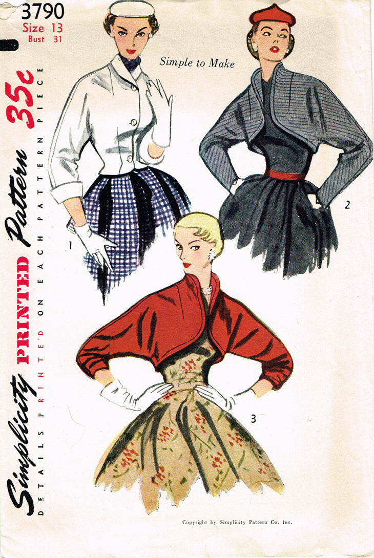 1950s Vintage Simplicity Sewing Pattern 3790 Uncut Bolero Jacket 31 B ...