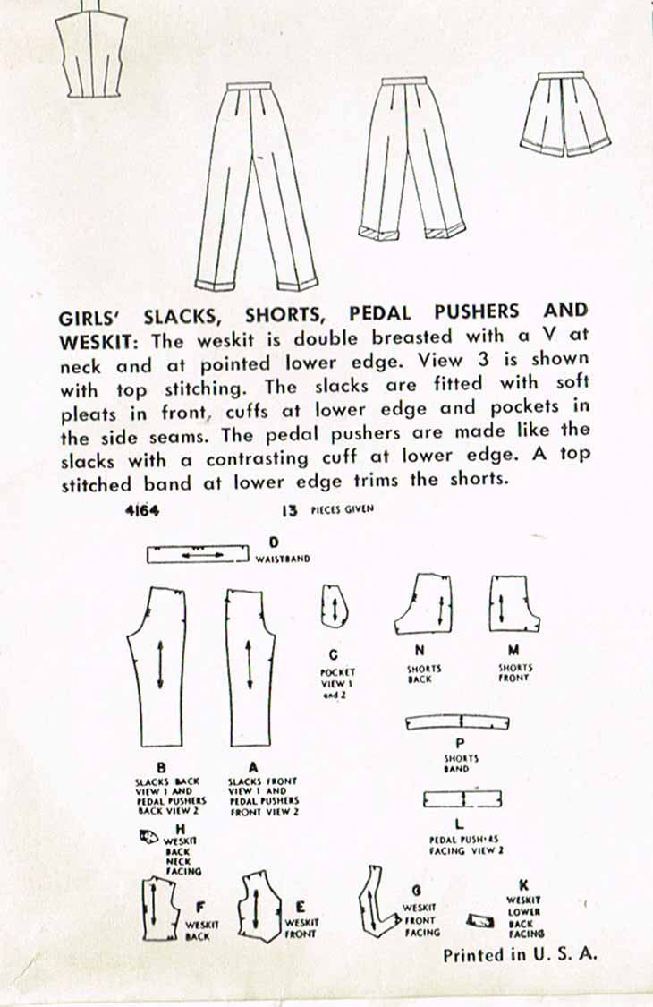 1950s Vintage Simplicity Sewing Pattern 4164 Girls Shorts Pants Peddle ...
